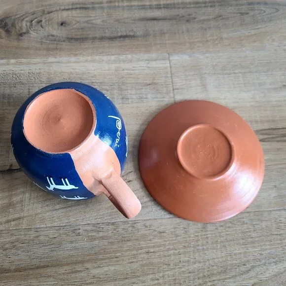 Peru red clay handmade hand painted tea/coffee cup with saucer. - Picture 6 of 6